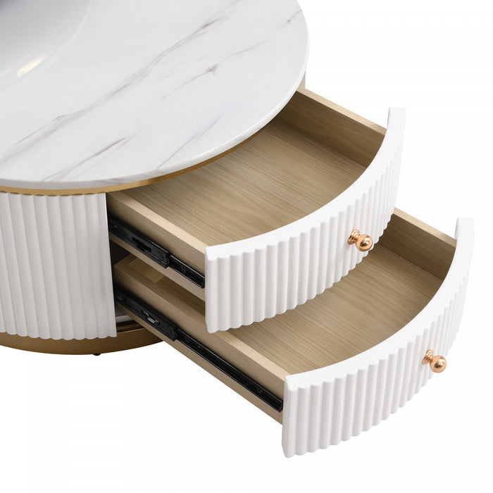 Table Basse Ronde Moderne Thomas De 27,6\" Avec 2 Tiroirs De Rangement, Blanche