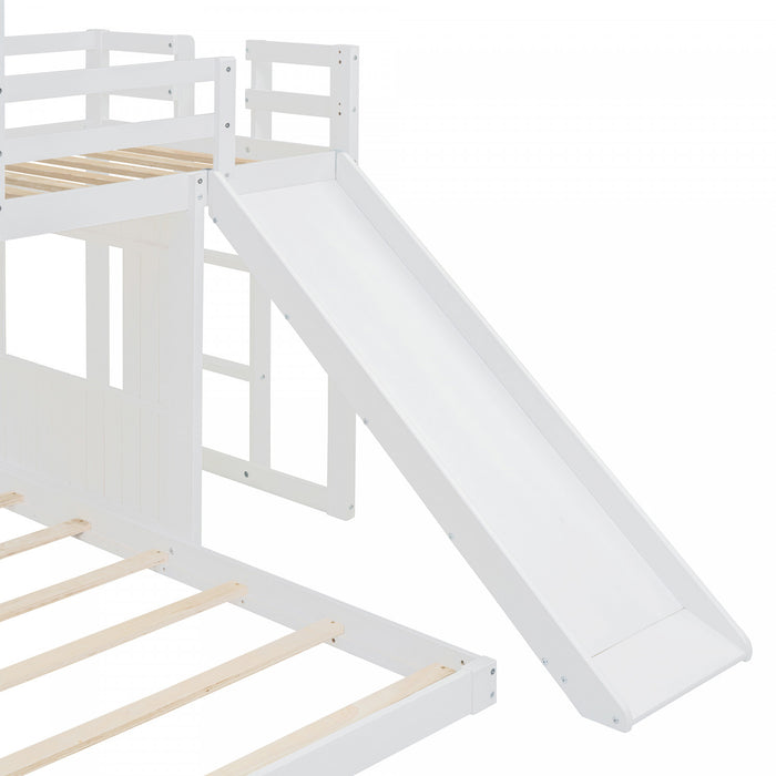 Lit Superpose Marico En Bois Massif, Taille Simple En Haut Et Double En Bas, Avec Toboggan, Design Maison De Jeu, Blanc