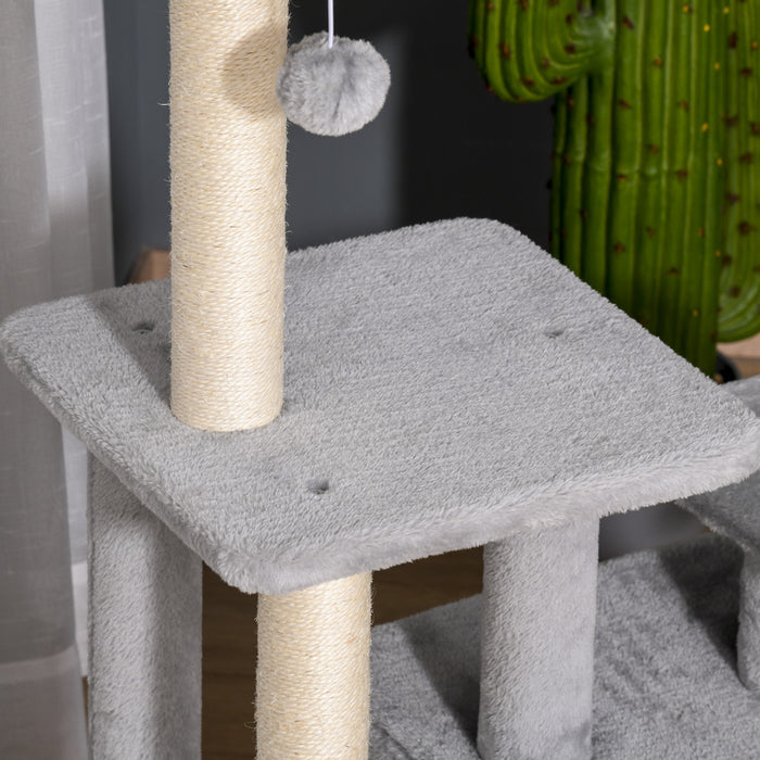 Pawhut Arbre A Chat D'interieur, Condo A Plusieurs Niveaux Avec Griffoir En Sisal, Perchoir, Boule A Suspendre, Gris Clair