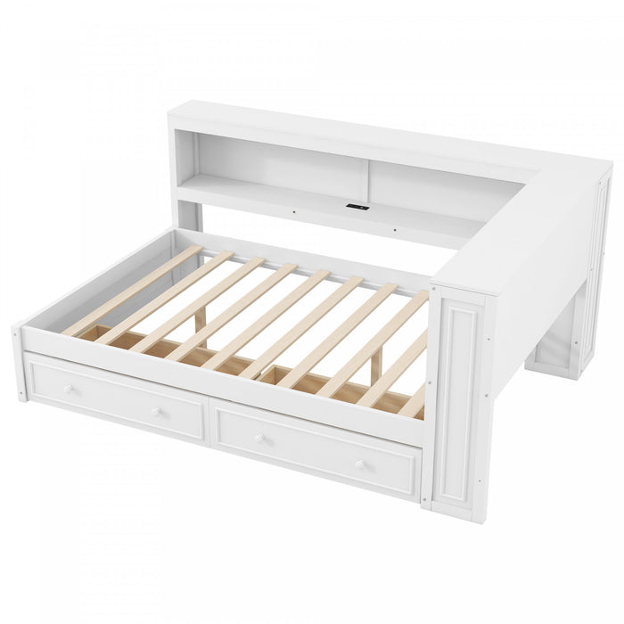 Lit de jour Arthur en bois format Full avec LED, port USB et 2 tiroirs de rangement, blanc