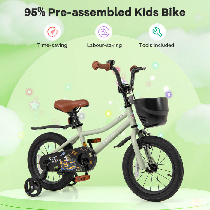 Costway 14\" Velo Pour Enfants Avec Roues D'entrainement Guidon Reglable Et Frein A Main Du Siege Vert