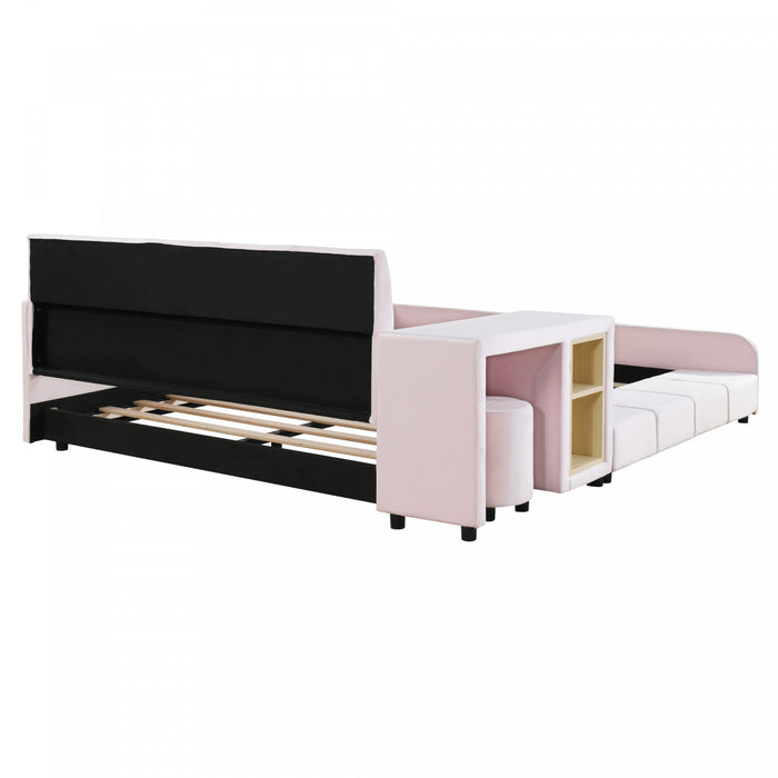 Lit Lily en velours rembourre avec bureau et tabouret, taille Queen, rose