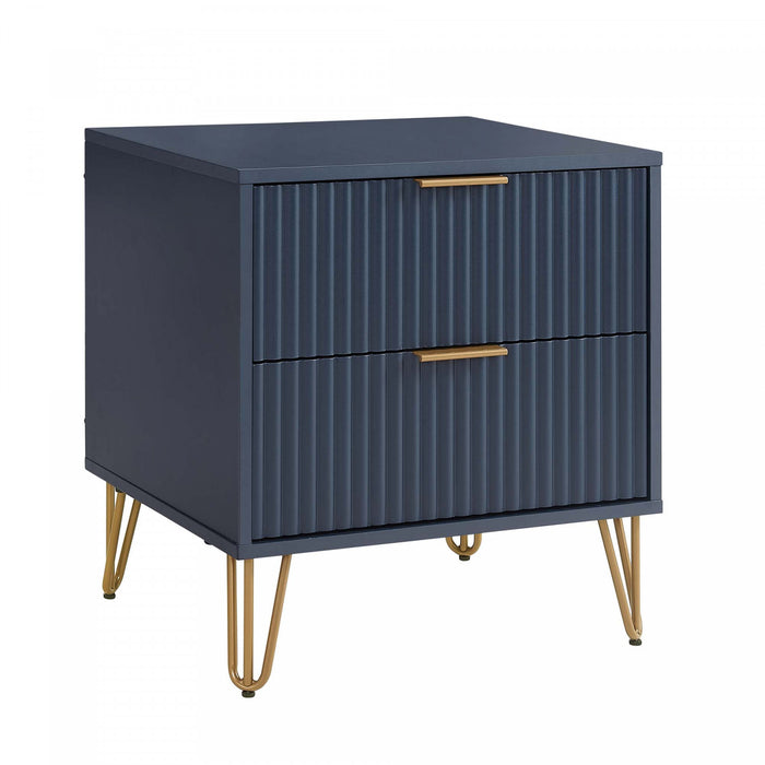 Table de nuit moderne Dumbo 20\" a cannelures, bleu minuit (2 tiroirs) – Lot de 2