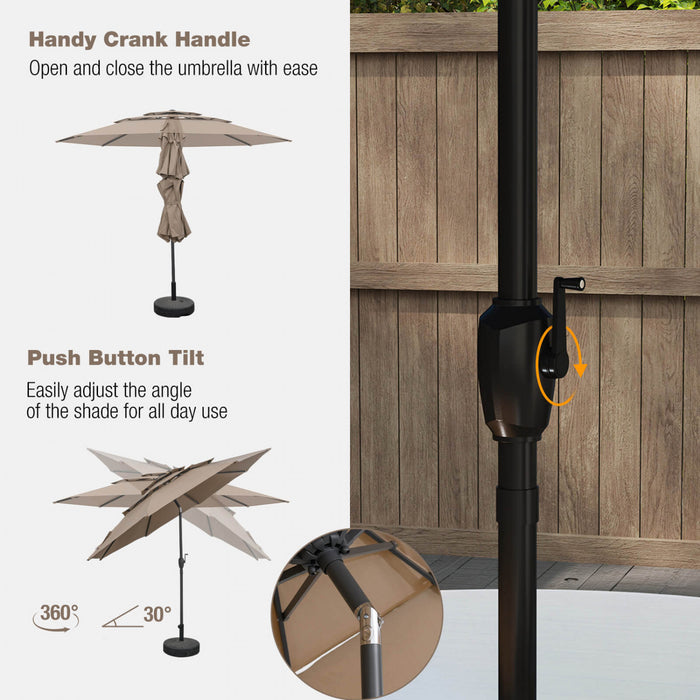 Costway Parasol de patio ventile a 3 niveaux de 10 pieds, grand parasol de table de marche, ombre solaire exterieure marron