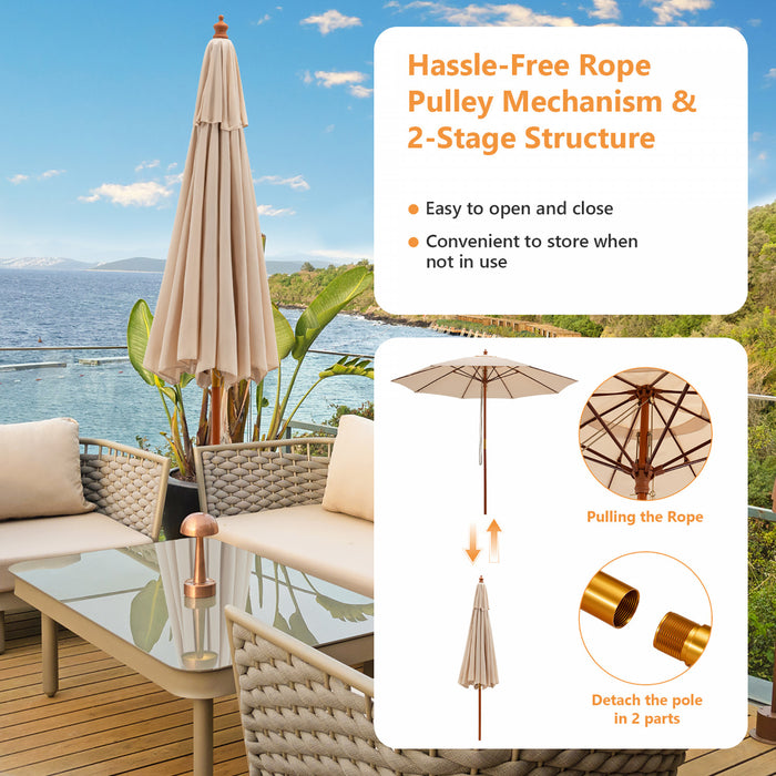 Costway Parasol de marche a poulie en corde 9,5FT avec baleines en fibre de verre Beige