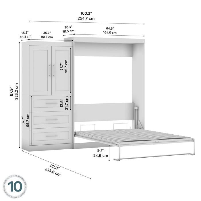 Grand lit escamotable Pur de Bestar de 101 po (L) avec meuble de rangement et tiroirs - blanc