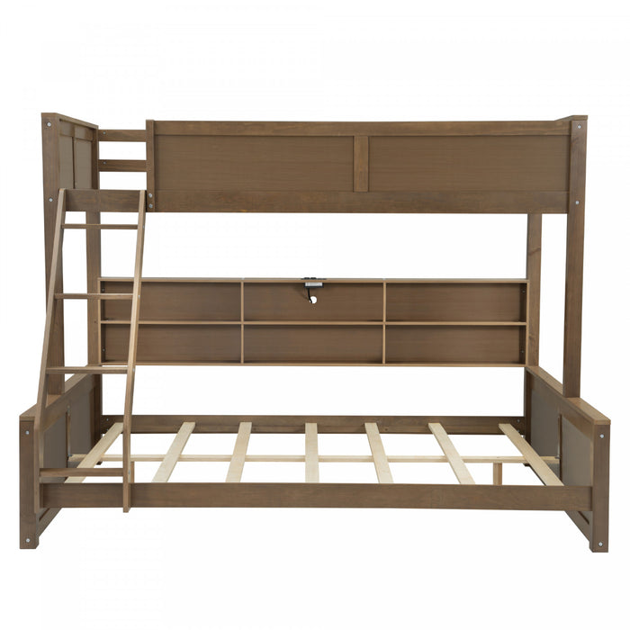Lit superpose Liam en bois massif Twin XL sur Queen avec rangement et ports USB, brun