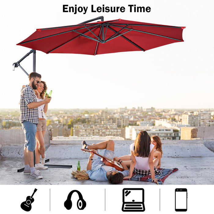 Costway Parasol suspendu 10' pour patio, ombre solaire decalee avec base T Croix Marche Bourgogne