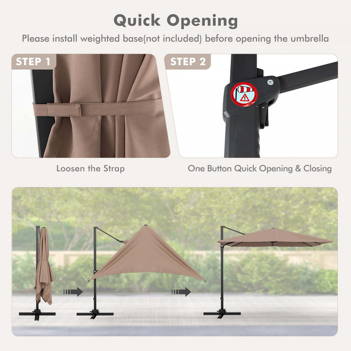 Costway Parasol suspendu carre cantilever 9,5FT avec 2 niveaux, rotation 360° pour patio exterieur couleur cafe