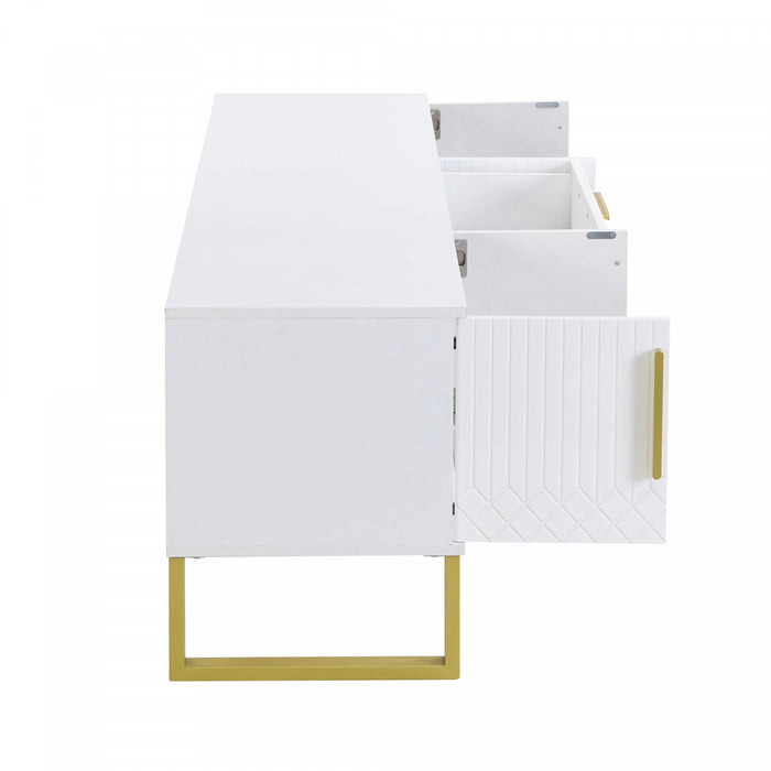 Steven 66.9\" Cabinet TV Sur Pieds avec Poignees et Pieds Dores, Blanc