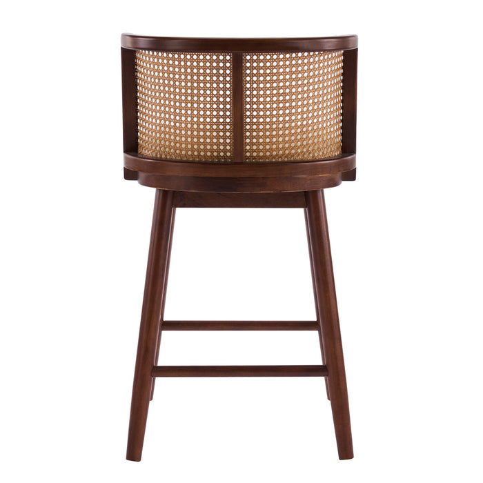 Talia – Lot de 4 tabourets de bar de hauteur comptoir en bois avec dossier en rotin, finition noyer