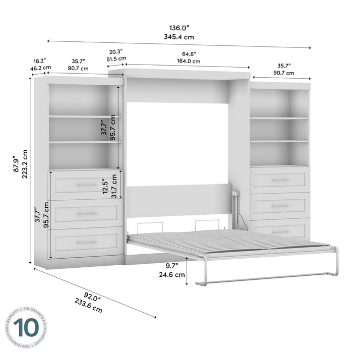 Grand lit escamotable Pur de Bestar de 136 po (L) avec 2 meubles à tablettes et tiroirs - blanc