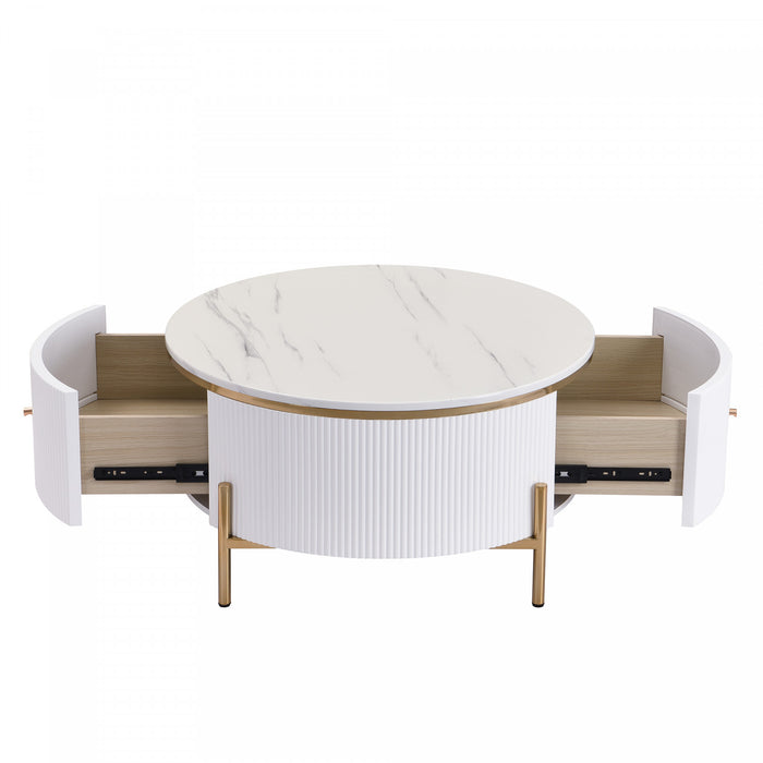 Table Basse Ronde Moderne Nelson De 31,5\" Avec 2 Tiroirs De Rangement, Blanche