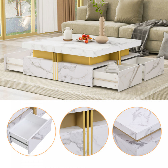 Table Basse Carree Marcia De 33,5\" En Bois Composite Avec Tiroirs De Rangement, Blanche