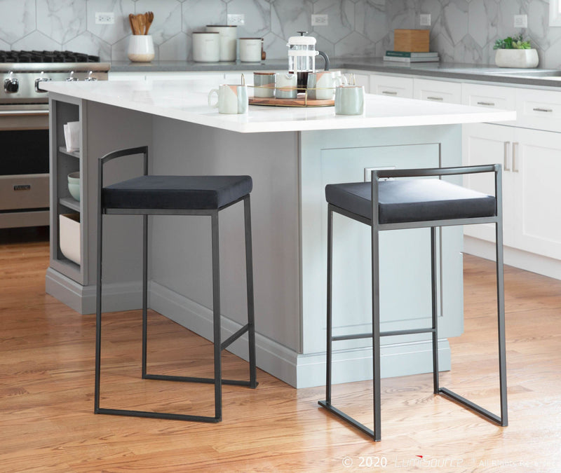 Tabouret superposable contemporain Fuji de hauteur comptoir en velours noir - ensemble de 2