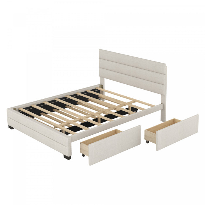 Sophie – Lit Plateforme Rembourre En Tissu Aspect Lin Avec Lit Gigogne Et Tiroirs De Rangement, Format Grand, Beige