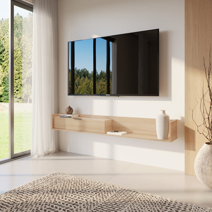 Meuble pour téléviseur mural mince Nordika de 72 po avec armoire de rangement - chêne blond naturel