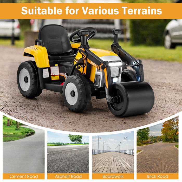Costway Enfants Roulent Sur La Route Rouleau 12v Tracteur Electrique A Distance W / Musique & Led Jaune Clair