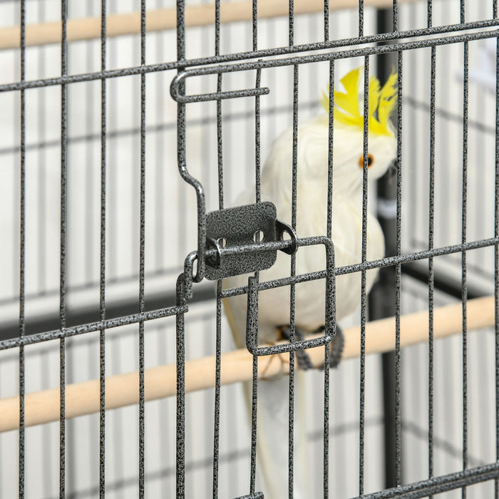 Pawhut Grande Cage A Oiseaux En Acier De 52'' Avec Support Roulant, Etagere De Rangement, Perchoir En Bois, Contenant A Nourriture, Gris Fonce
