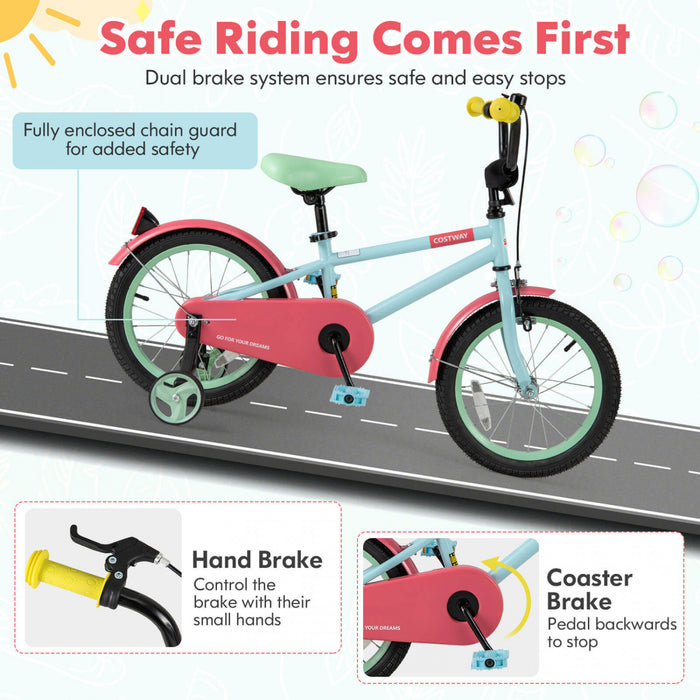 Costway 16\" Velo Pour Enfants Avec Guidon Reglable De Selle Roues D'entrainement Amovibles Frein A Main Rouge