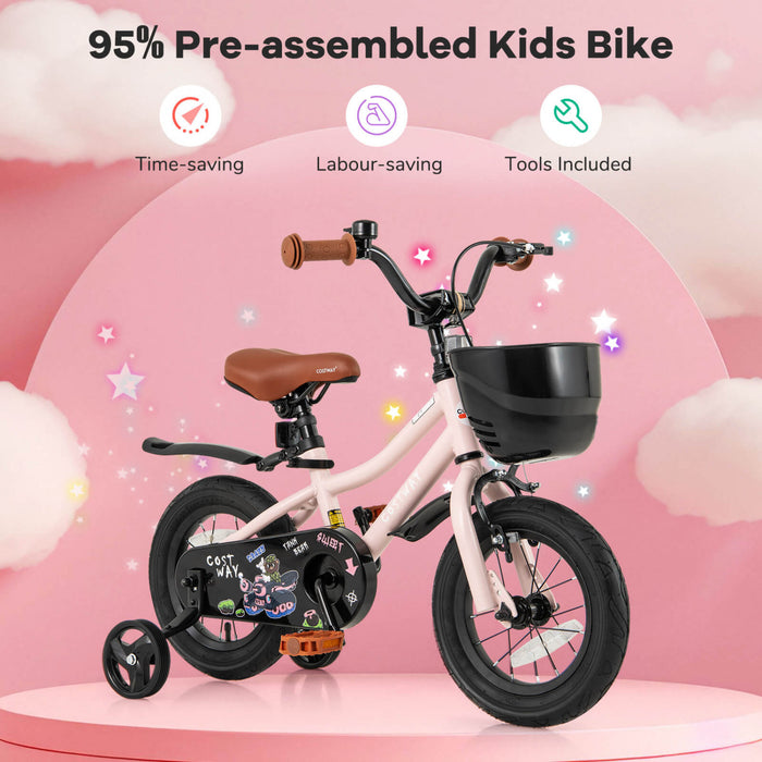 Costway 12\" Velo Pour Enfants Avec Roues D'entrainement Guidon Reglable Et Frein A Main De Siege Rose