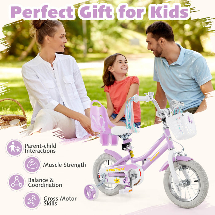 Costway 12 Pouces Enfants Velo Avec Roues D'entrainement Poupee Siege Panier Streamers Frein A Main Violet