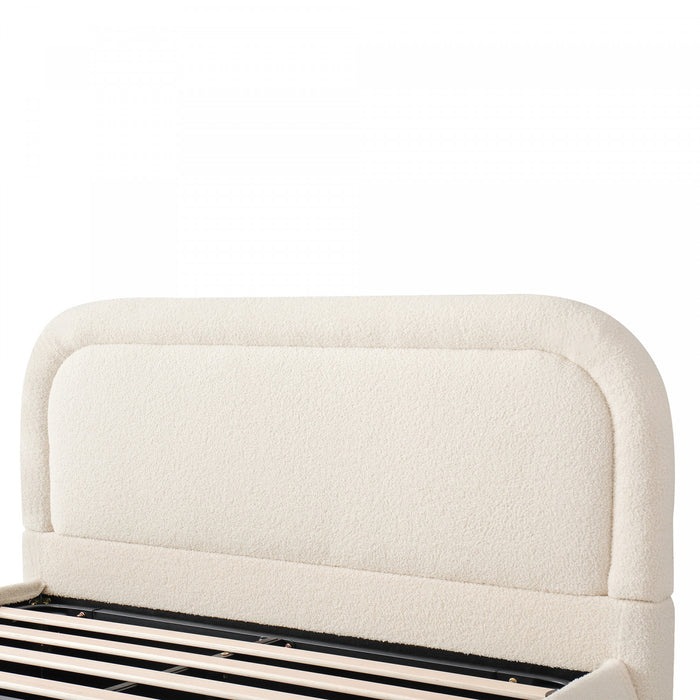 Lit plateforme Sophia avec rangement a levage hydraulique, revetement en boucle, taille king, beige