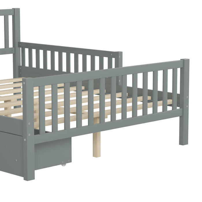 Emma – Lit Plateforme en Bois avec Barrieres de Protection et Tiroirs de Rangement, Format Double - Gris