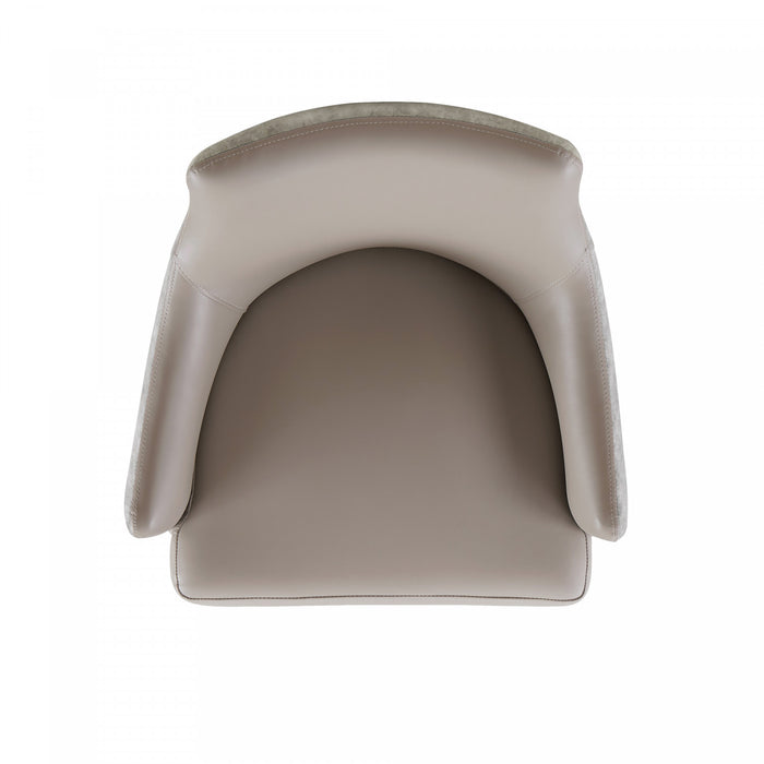 Fauteuil moderne Connie en bois, cuir vegetalien et velours taupe