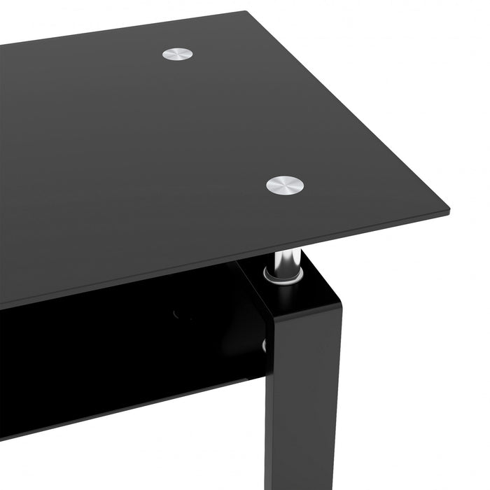 Table basse moderne rectangulaire en verre trempe transparent Liam, avec pieds noirs