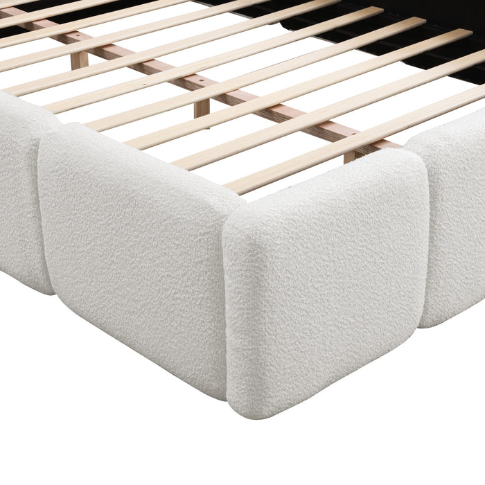 Lit plateforme Aiden avec cadre rembourre de soutien en tissu boucle, taille King, blanc