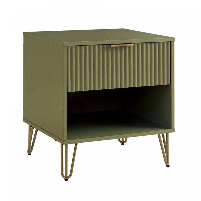 Table de nuit moderne Dumbo 20\" a cannelures en vert olive (1 tiroir)