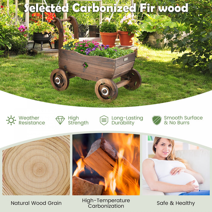 Jardiniere En Bois En Forme De Brouette, Chariot Decoratif Avec Roues, Poignees, Trou De Drainage, Support De Pot De Fleurs Roulant, Pot De Fleurs Rustique, Interieur Et Exterieur, Jardin, Terrasse, Balcon,