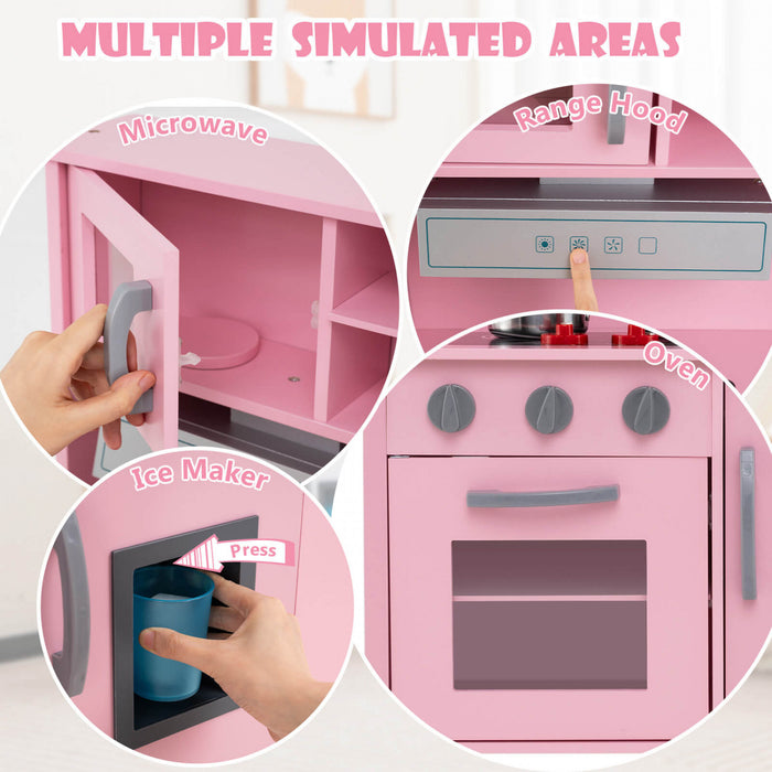Costway Kids Kitchen Playset En Bois Pretendre Jouer Chef Jouet Avec Micro-ondes Et Accessoires Rose