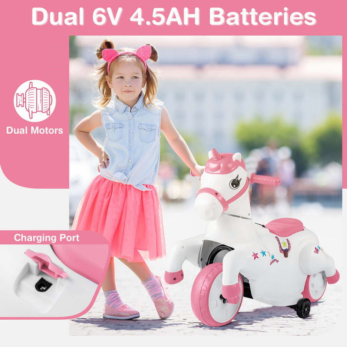 Costway 12v Enfants Monter Sur Jouet Unicorne Avec Roues D'entrainement Musique Un Bouton Demarrer Cheval Jouet Rose