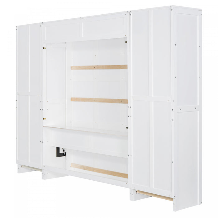 Lit Mural Escamotable Angela En Bois Composite Avec Tiroirs Et Etageres, Taille Queen, Blanc