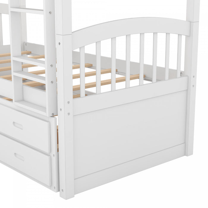 Sean – Lit Superpose Convertible En Bois Massif Avec Lit Gigogne Et Tiroirs, Format Simple, Blanc