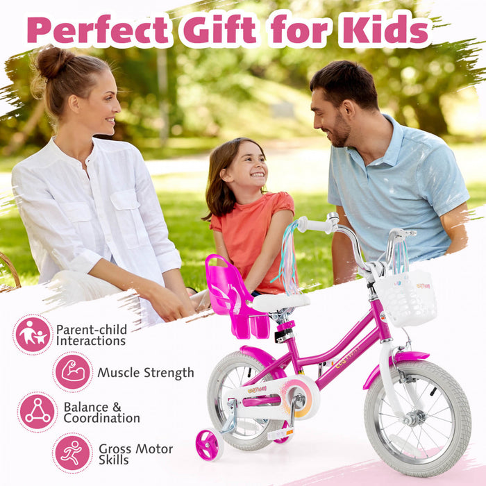Costway 14\" Velo Pour Enfants Avec Roues D'entrainement Poupee Siege Panier Streamers Frein A Main Rose
