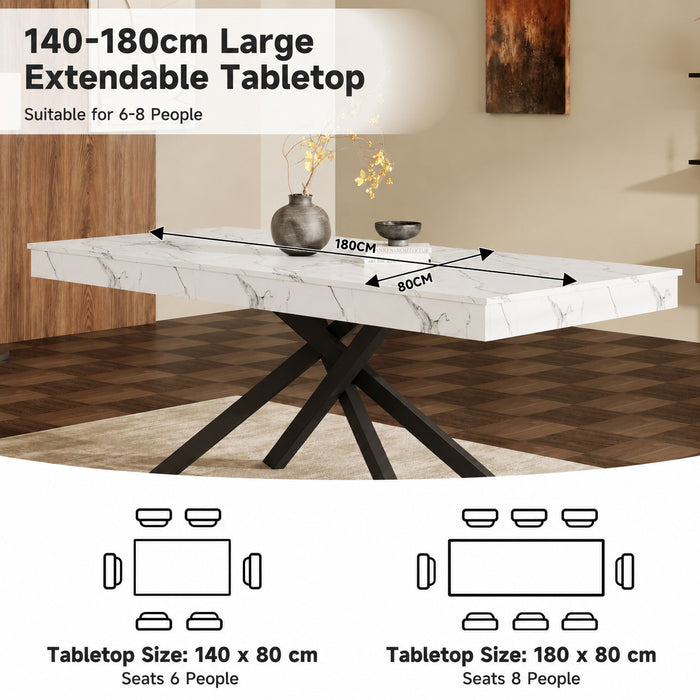 FlexDine Table a Manger Rectangulaire Extensible 55-71 po avec Pieds Croises et Finition Effet Marbre, Marbre Blanc