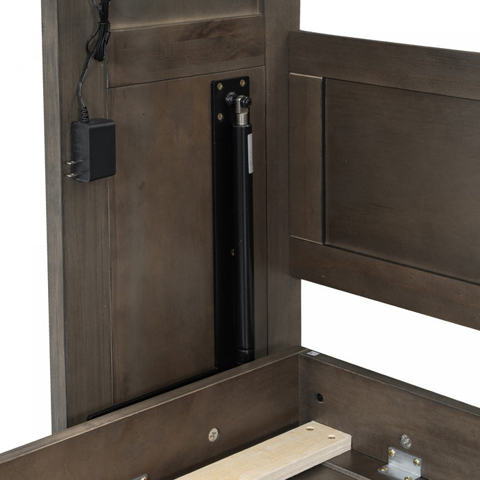 Lit escamotable Olivia en bois massif avec lumiere LED et armoire pliante, taille simple, marron