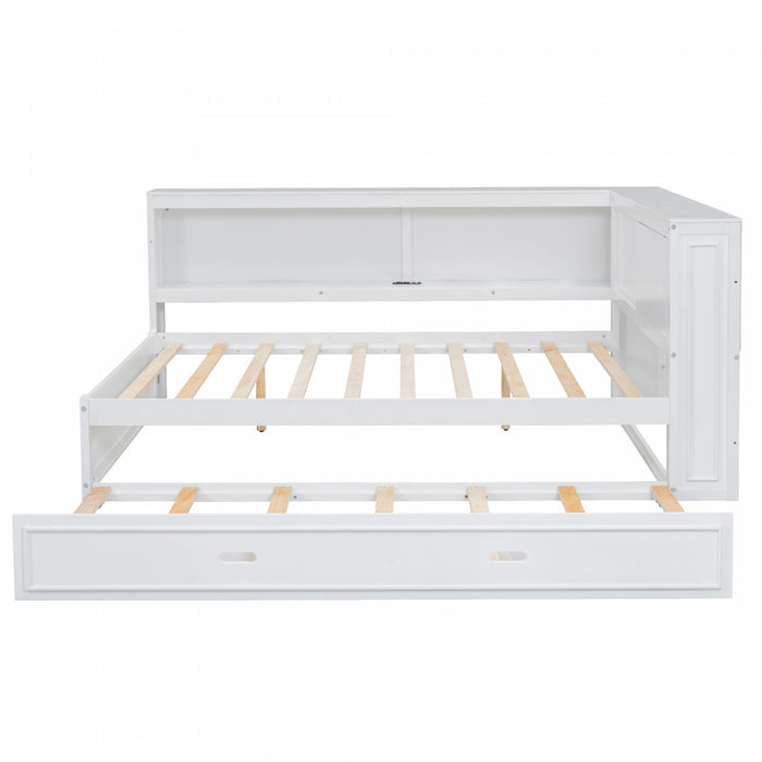 Diana – Lit De Jour Double En Bois Avec Etageres De Rangement, Ports Usb Et Eclairage Del, Blanc