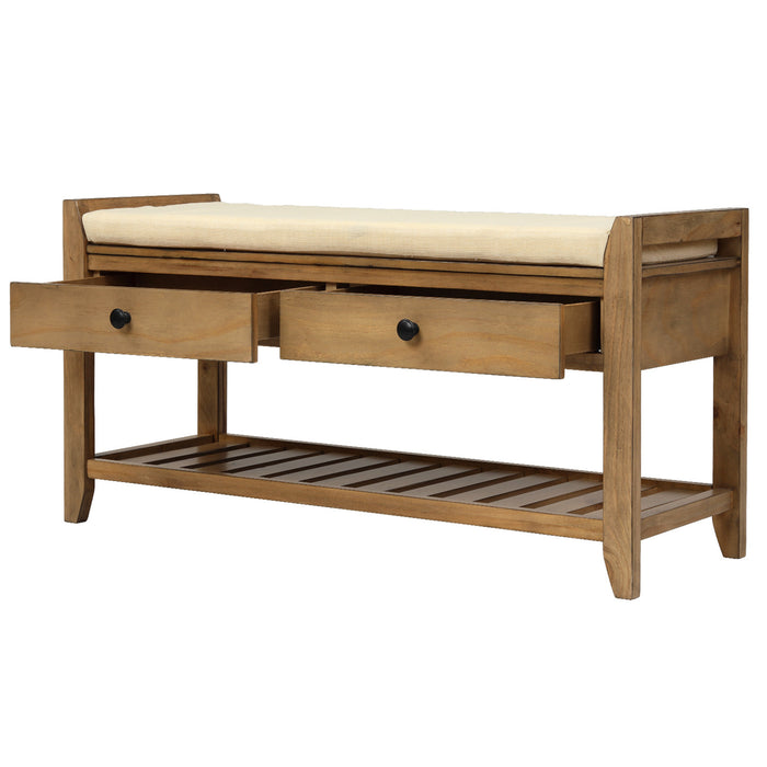 Banc A Chaussures Stephanie En Pin Avec Siege Rembourre Et Tiroirs De Rangement, Pin Ancien