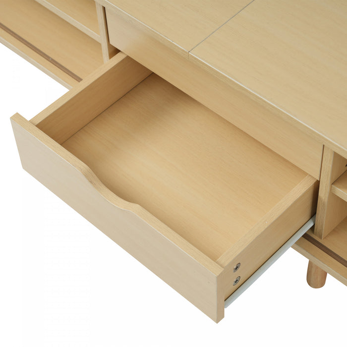 Ethan meuble TV ovale – meuble multimedia avec portes coulissantes et tiroirs, finition naturelle