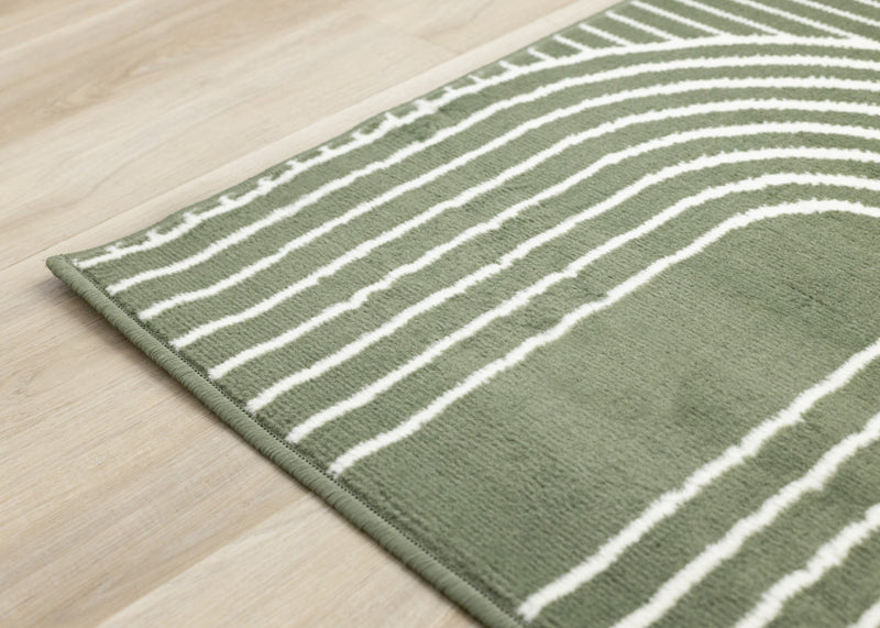 Tapis Florence vert et blanc a motifs geometriques modernes en arches, 4'7\" x 6'7\"
