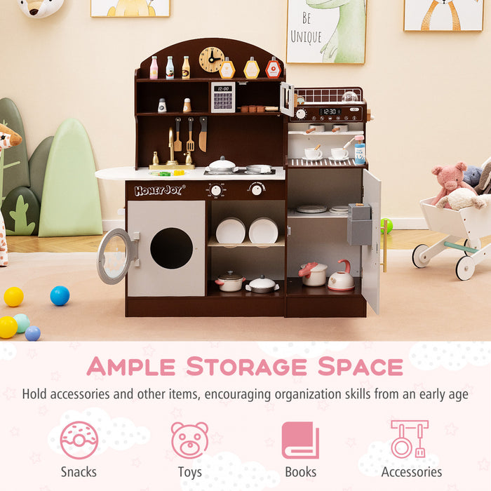 Honeyjoy Jeu De Cuisine Pour Enfants Jeu De Cuisine En Bois Avec Horloge, Micro-ondes, Evier, Plateau Brun