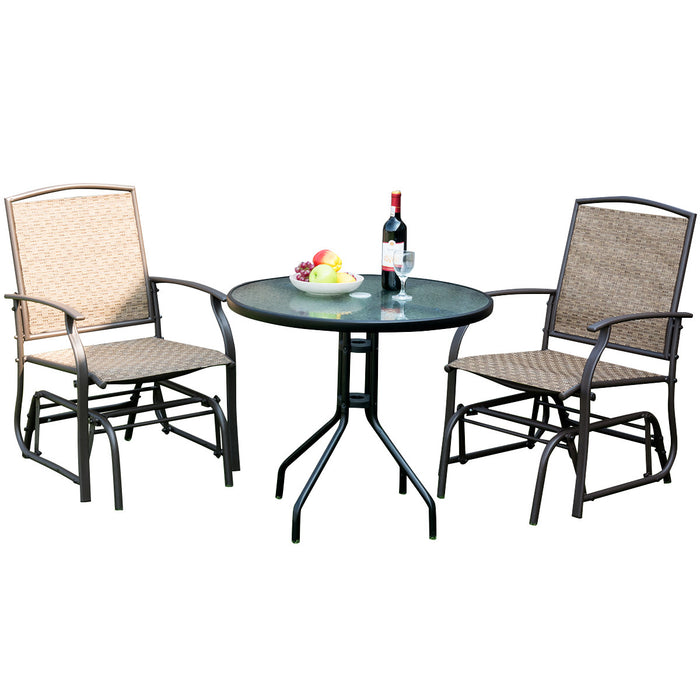 Costway Ensemble mobilier bistro de patio 3PCS chaise a bascule, table en verre avec trou parasol