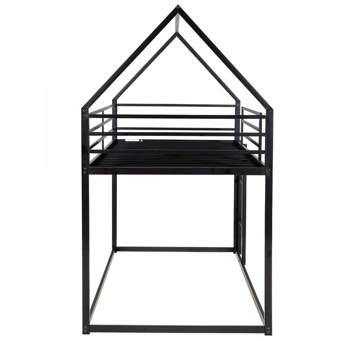 Lits superposes Liam en forme de maison avec echelle integree et cadre en metal, taille Twin sur Twin, noir