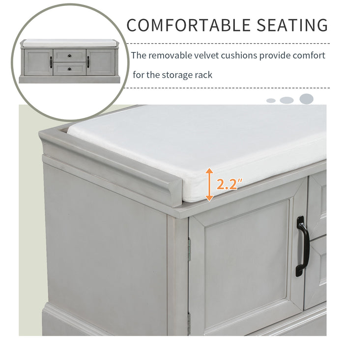 Banc De Rangement Boyce En Bois Massif Avec Meuble A Chaussures 4 Portes Et Coussin, Gris Patine