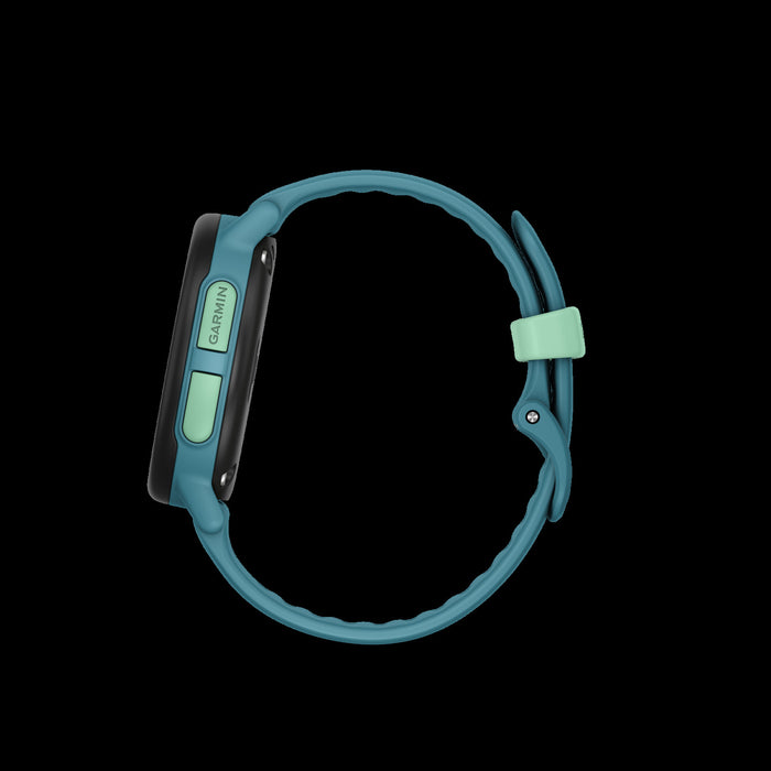 Montre intelligente Garmin Bounce 2 Turquoise pour enfants - Suivi d'activite, communication bidirectionnelle, mises a jour meteo, alarmes chronometre, fonction d'assistance, defis familiaux