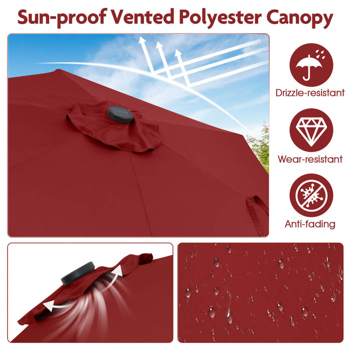 Parasol solaire Costway 7,5 ft avec lumieres LED, inclinaison par bouton-poussoir, manivelle, rouge